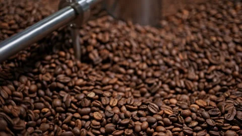 Side view macro of roasted coffee beans moving in an industrial roaster. Stock Footage 327397135