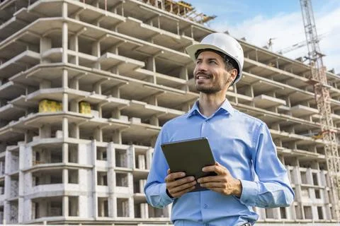 Side view of male engineer standing against background of buildings under con Foto stock