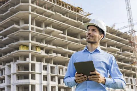 Side view of male engineer standing against background of buildings under c.. Stockfoto's