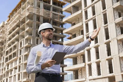 Side view of male engineer standing against background of buildings under c.. Foto stock