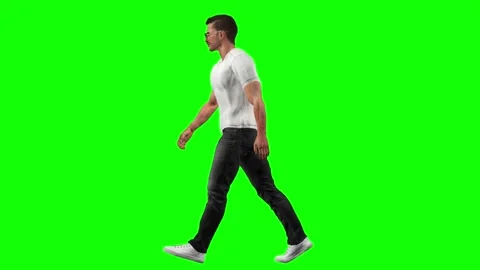 Side view of male model walking with relaxed catwalk style on green screen Stock Footage 328639018