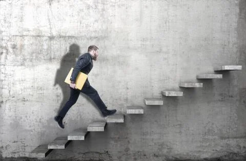 Side view of a man climbing up the steps in a blank concrete wall. 3d render Stock Photos
