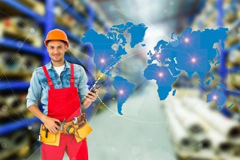 Side view man engineer wearing protective helmet using a tablet computer gadget Stock Photos