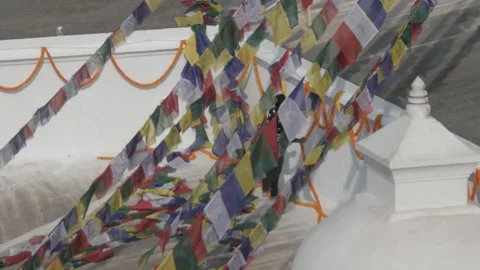 Side view of man hanging chains of marigold rosaries on the wall of Boudha stupa 스톡 동영상 241736087