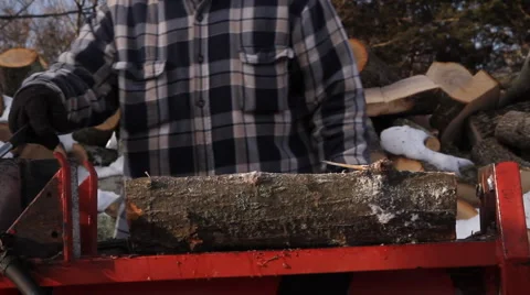 Side view of man in plaid jacket splits wood using a hydraulic wood splitter Vidéo 1008940