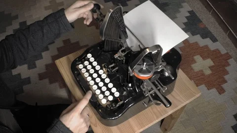 Side view on man using batwing typewriter. Stock Footage 89313080
