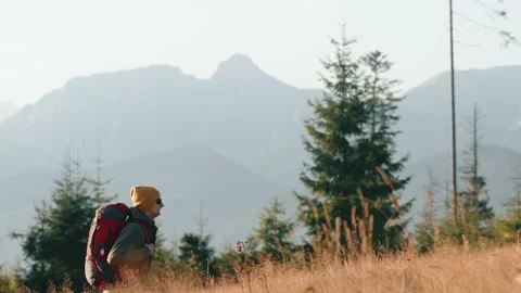 Side view man walking on grassy meadow overlooking mountain peaks sunrise light Stock Footage 290154681