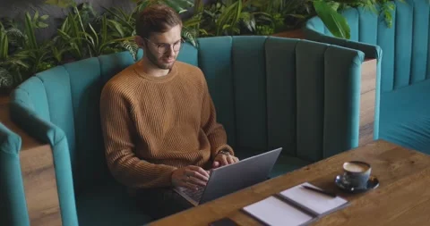 Side view of man who sits on sofa using the laptop for the remote work. Handsome Stock Footage 164927054