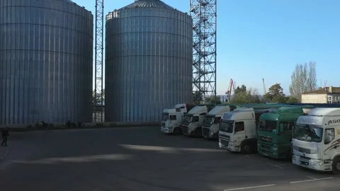 Side view of many trucks with trailers full of grain waiting to unload goods at  Stock Footage 155491011