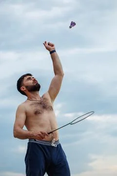 Side view of middle-aged bearded shirtless naked man with short dark hair Stock Photos