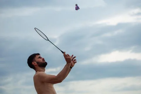 Side view of middle-aged bearded shirtless naked man with short dark hair Stock Photos
