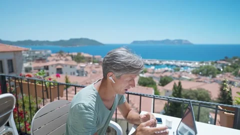 Side view middle aged caucasian man business coach giving online interview or Stock Footage 170685819