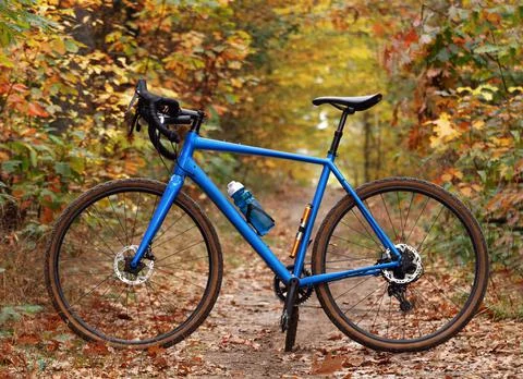Side view of a modern bicycle on a forest trail. Stock Photos