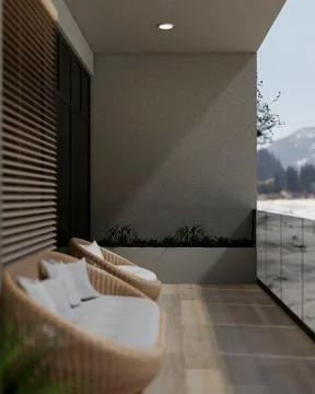 A side view of a modern, comfortable apartment balcony relaxation area feat.. Foto stock