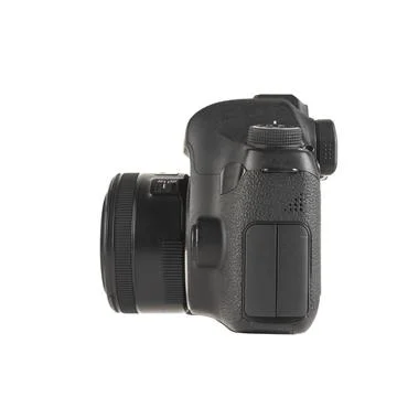Side view of modern DSLR camera isolated on a white background Stock Photos