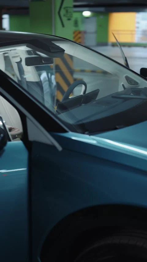 Side view of modern electric car interior with open door Vídeos de archivo 318417890