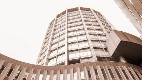 Side view of the modern facade building. Skyscraper building. Colour of the y Fotos de archivo
