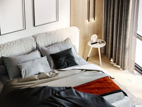 Side view of modern house with bright bedroom,  pillows at comfortable bed, Stock Illustration