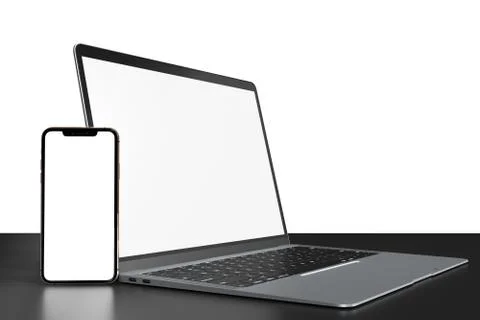 Side view Modern Laptop and Smart phone mockup open white screen with shadow on Stock Illustration