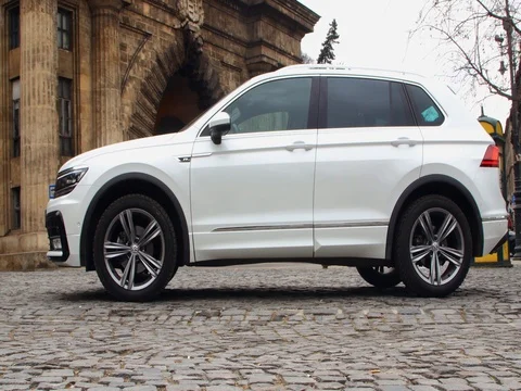 Side view of modern new SUV car, panning effect. Stock Footage 79987817