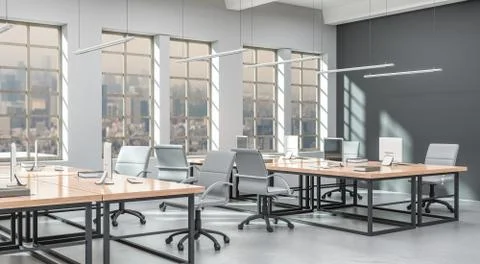 Side view of a modern office with a grey wall. Rows of tables, equipped Stockillustratie