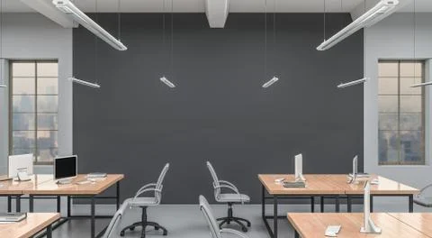 Side view of a modern office with a grey wall. Rows of tables, equipped Stock Illustration