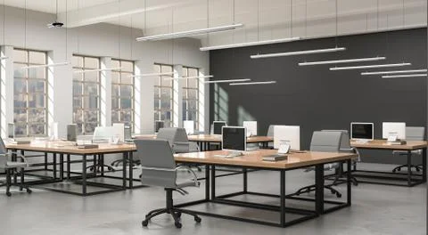 Side view of a modern office with a grey wall. Rows of tables, equipped Stockillustratie