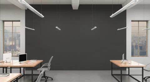 Side view of a modern office with a grey wall. Rows of tables, equipped Stockillustratie