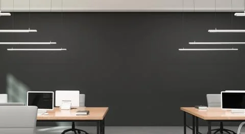 Side view of a modern office with a grey wall. Rows of tables, equipped Stock Illustration