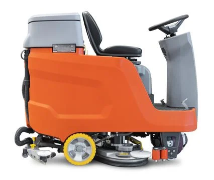 Side view of a modern orange and grey industrial ride-on floor scrubber dry.. Stock Photos