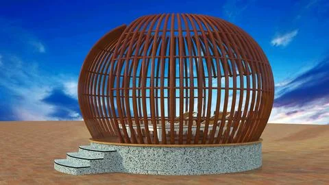 Side view of modern spherical wooden gazebo with lounge chairs. Stock Illustration