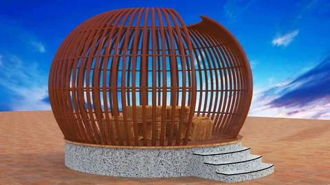 Side View of Modern Spherical Wooden Gazebo with Dining Set Stock Illustration