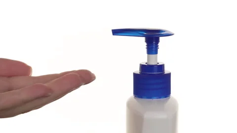 Side view of moisturiser being pumped into a woman's hands. Isolated on a white Stock Footage 202165669