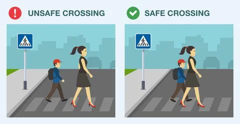 Side view of a mom and son on crosswalk. Female character holds kid's hand. Stock Illustration