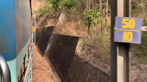 Side view from a moving train on a curved track Stock Footage 306780242