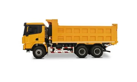 Side view of a new orange dump truck isolated over white background Stock Photos
