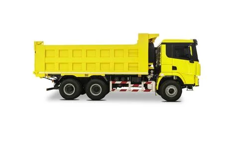 Side view of a New Yellow Dump Truck isolated over white background Stock Photos