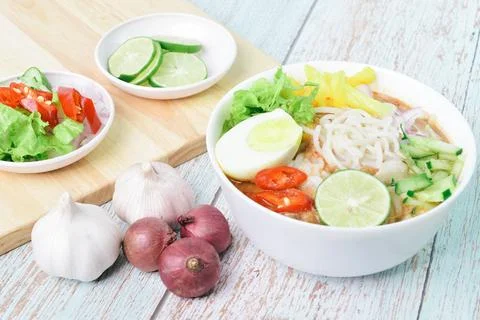 Side view of noodle in tangy fish gravy or Laksa Utara. Special Malaysian foo Stock Photos