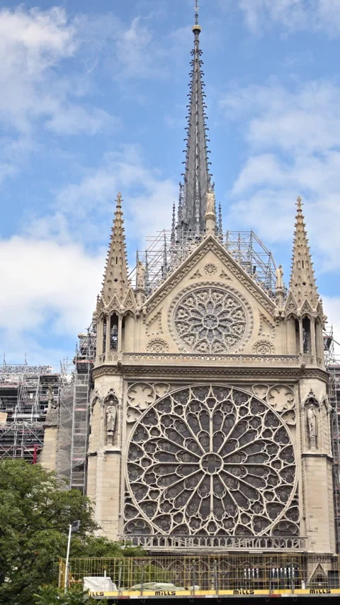 Side view of the Notre-Dame Cathedral in Paris, France under reconstruction with Stock Footage 278786746