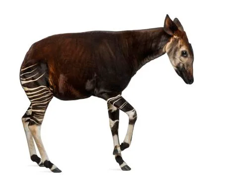 Side view of an Okapi standing in a funny position, Okapia johns Stock Photos