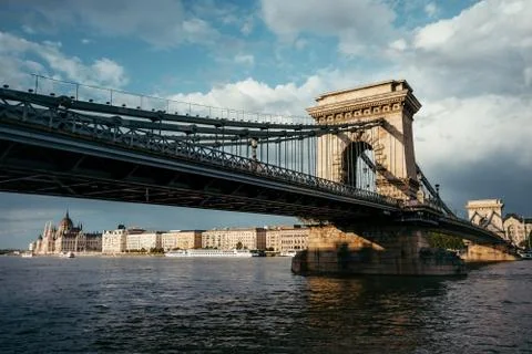 Side view of the old Chain Bridge on Danube Rive in Budapest, Hungary. Stock Photos