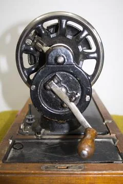 Side view of old cool manual sewing machine hand tool Stock Photos