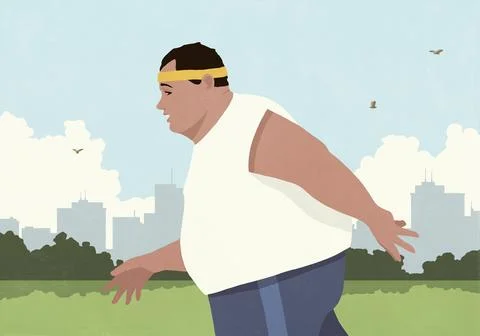 Side view of overweight man jogging in sunny city park Stock Illustration