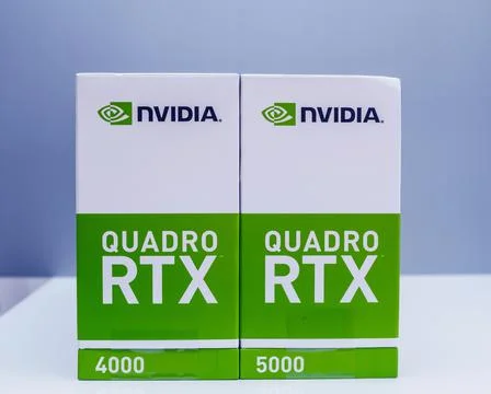 Side view of the packaging of two new GPU Nvidia Quadro RTX 4000 and RTX 5000 Stock Photos