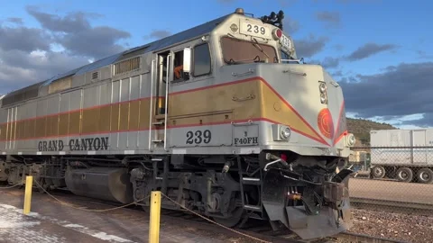 Side View Pan of the Famous Grand Canyon Railway Engine In Williams, Arizona Stock Footage 285756759