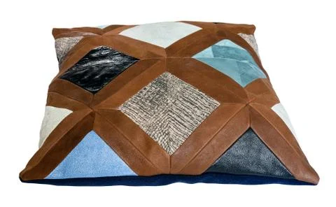 Side view of patchwork leather decorative pillow Fotos de archivo