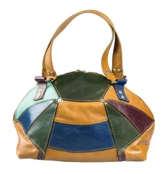Side view of patchwork multicolored handbag Fotos de archivo