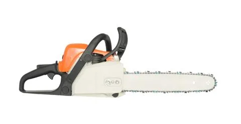Side view of petrol chainsaw. Isolated on white background Stock Photos
