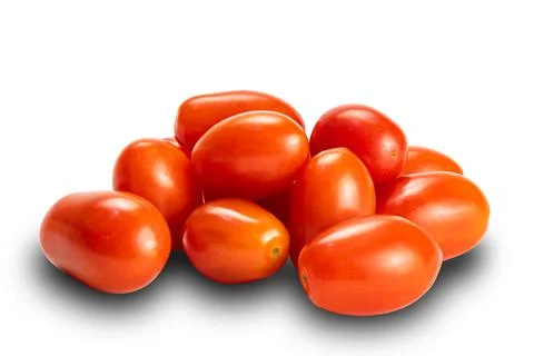 Side view pile of oval shape ripe plum tomatoes isolated on white background Stock Photos