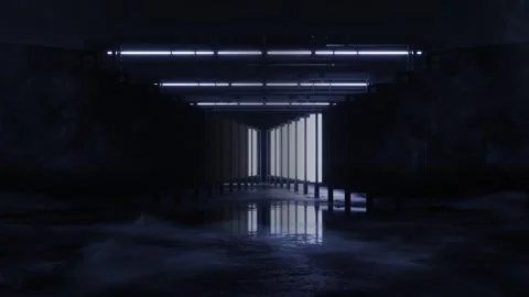 Side view of a pillared corridor with panels lighting in sequence Stock Footage 346781715